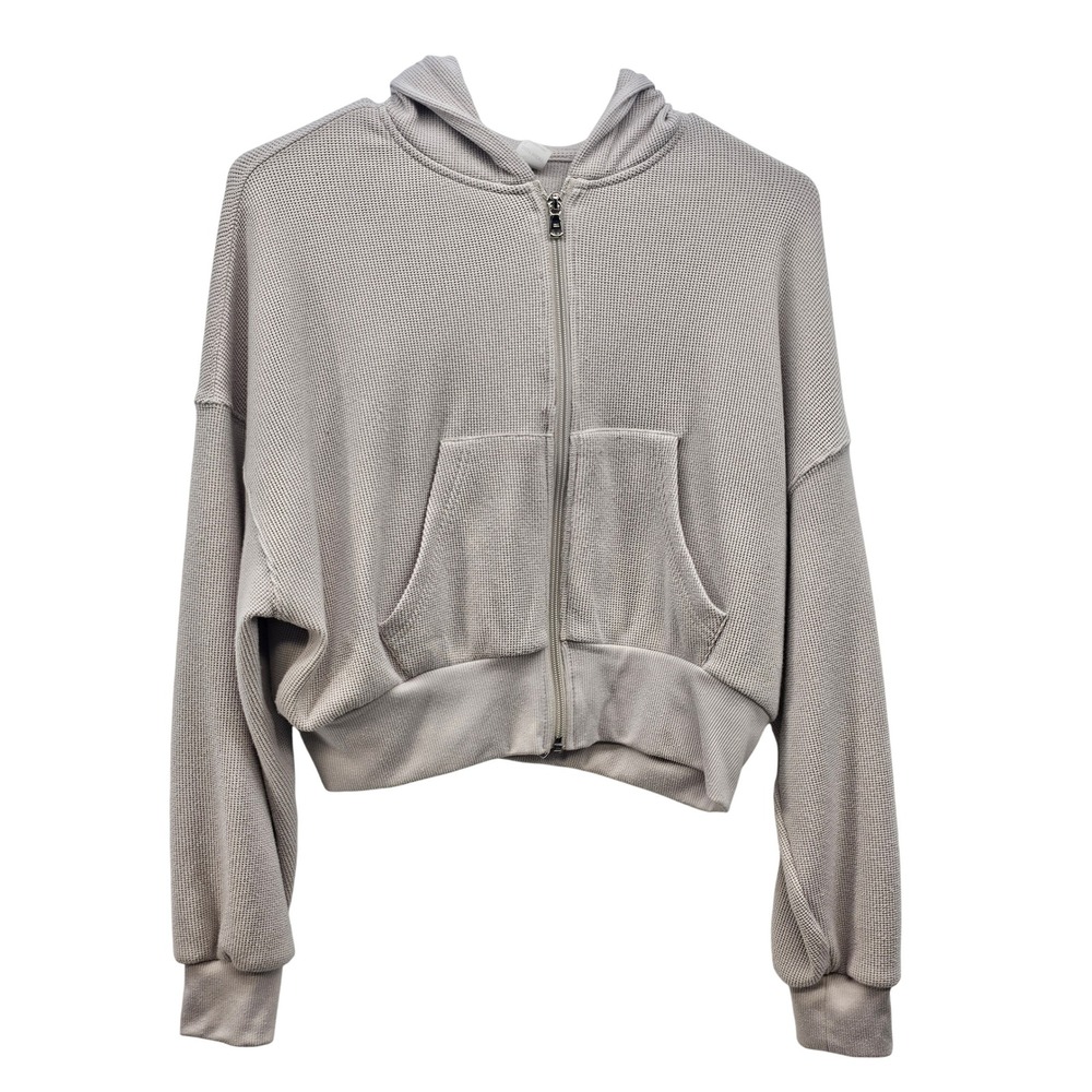 Gilly Hicks Womens Small Waffle Knit Cropped Zip Up Hoodie Light Taupe Grey